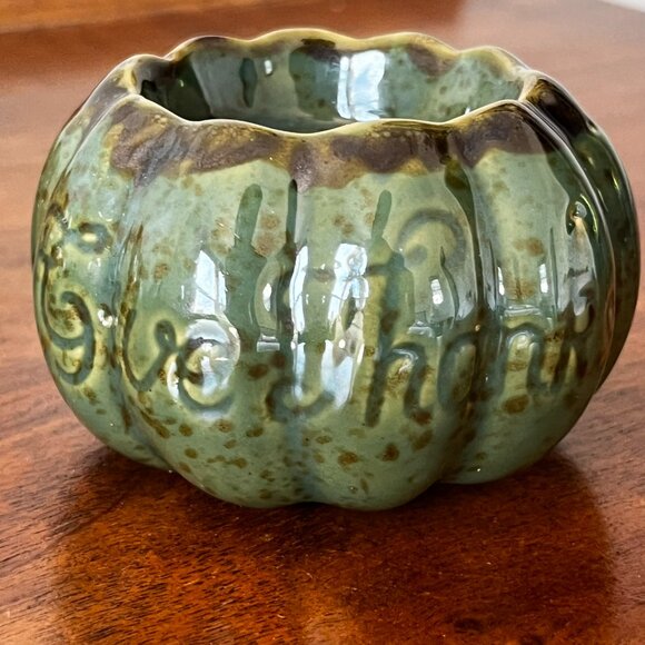 Harvest Treasures Porcelain Candle Holder Set 3 Pumpkins w/ Fall Phrases Decor - Picture 10 of 11